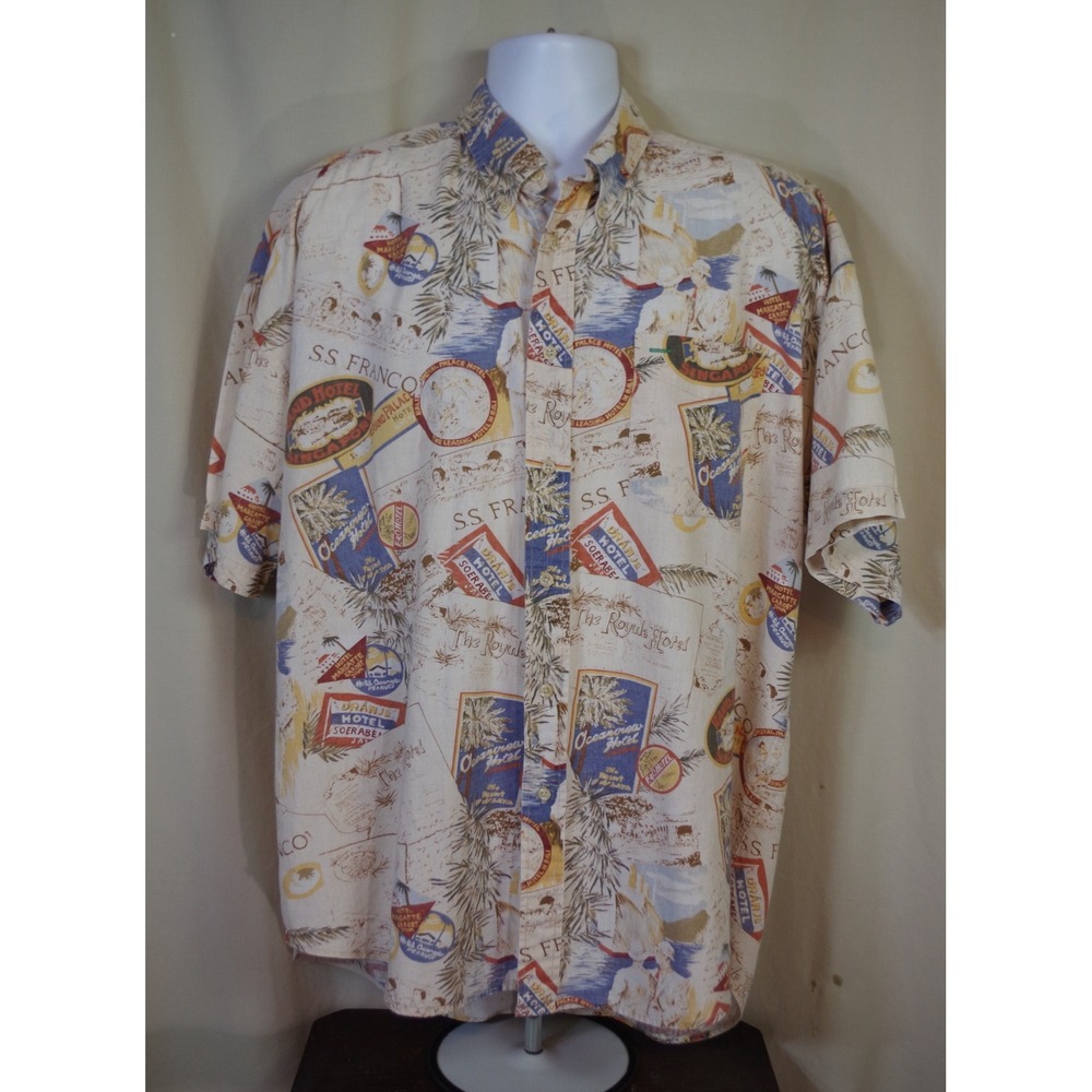 Tommy Hilfiger Mens Large Linen‎ Cotton Tropical Travel Stamp Button Down Shirt